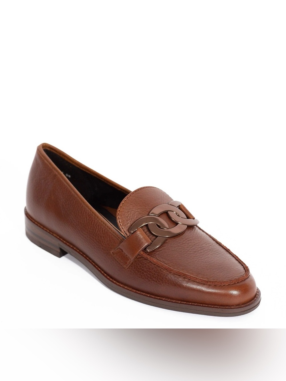 Ladies Size 8.5 Ara Cognac Leather Loafers with Sleek Gold/Bronze Chain (ABBA)